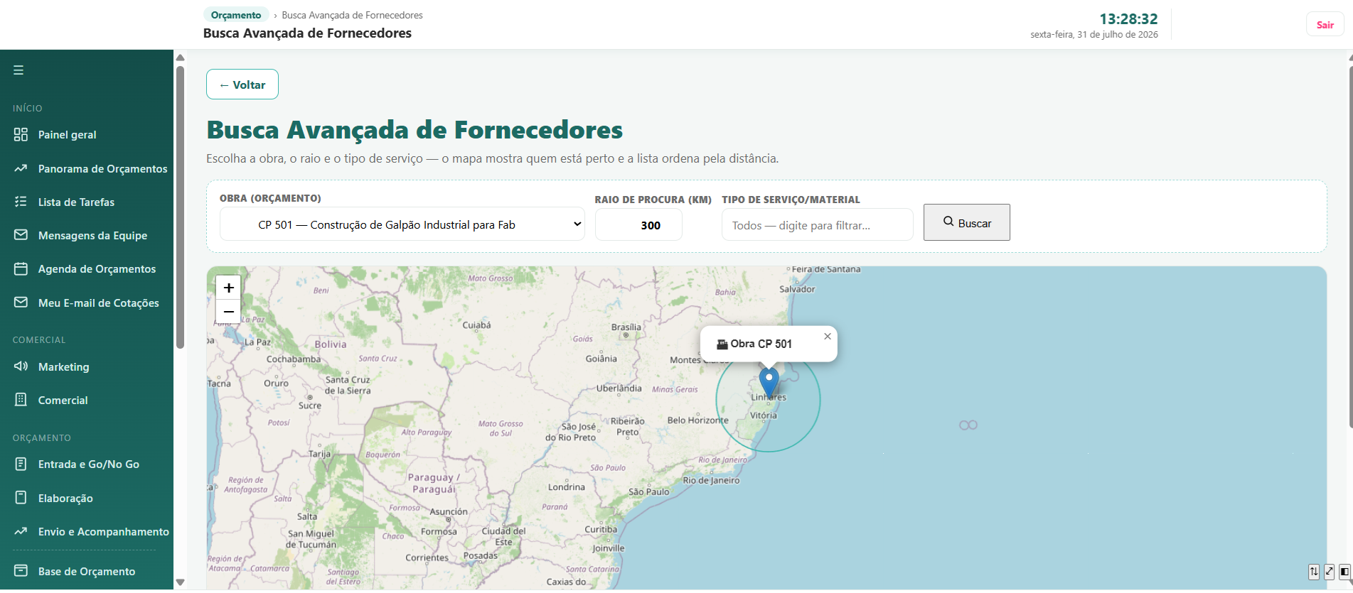 Busca avançada de fornecedores no mapa, por raio de distância a partir da obra